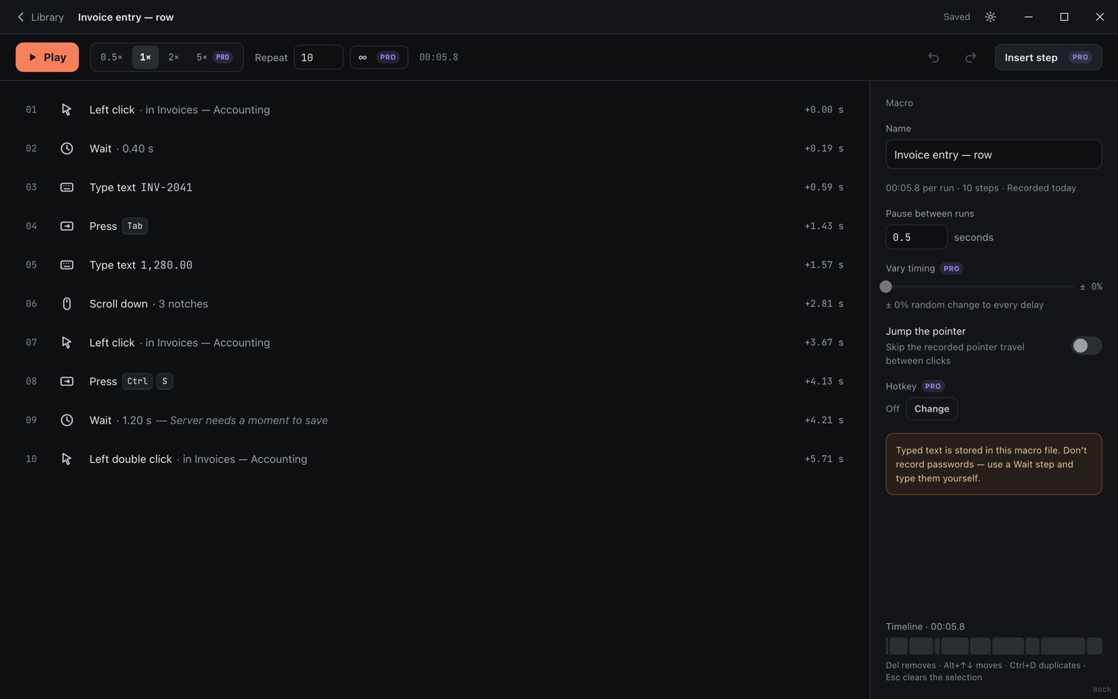 A recorded macro as readable steps with timings